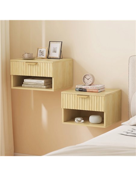 HOMCOM Floating Nightstands Set of 2, Modern Wall-Mounted Bedside Tables with Fluted Drawer and Open Shelf for Bedroom, Oak - pic 210853 | FastDaddyshop