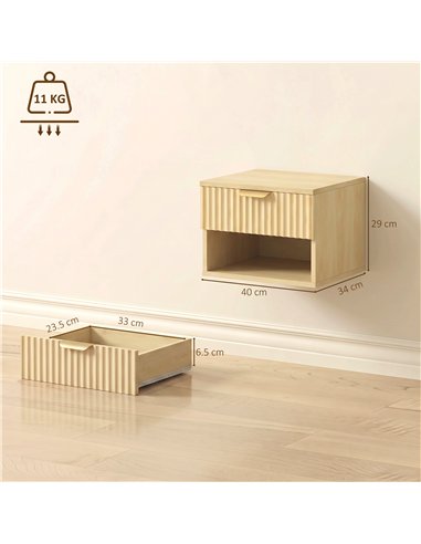 HOMCOM Floating Nightstands Set of 2, Modern Wall-Mounted Bedside Tables with Fluted Drawer and Open Shelf for Bedroom, Oak
