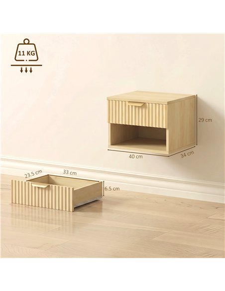 HOMCOM Floating Nightstands Set of 2, Modern Wall-Mounted Bedside Tables with Fluted Drawer and Open Shelf for Bedroom, Oak - pic 210854 | FastDaddyshop