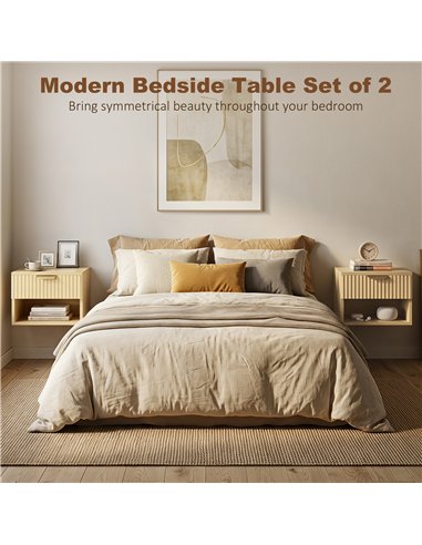 HOMCOM Floating Nightstands Set of 2, Modern Wall-Mounted Bedside Tables with Fluted Drawer and Open Shelf for Bedroom, Oak