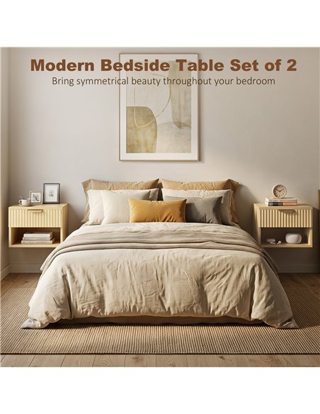 HOMCOM Floating Nightstands Set of 2, Modern Wall-Mounted Bedside Tables with Fluted Drawer and Open Shelf for Bedroom, Oak - pic 210855 | FastDaddyshop