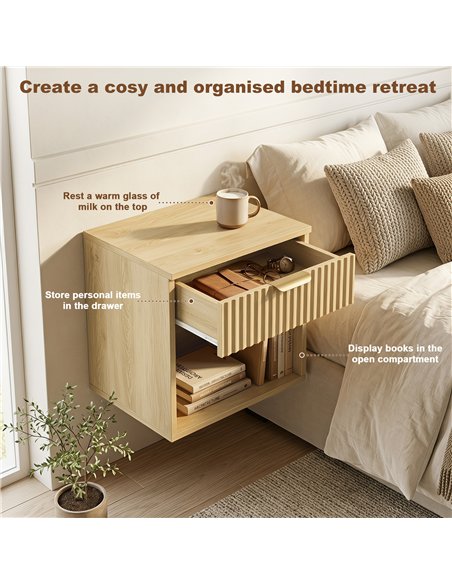 HOMCOM Floating Nightstands Set of 2, Modern Wall-Mounted Bedside Tables with Fluted Drawer and Open Shelf for Bedroom, Oak - pic 210856 | FastDaddyshop