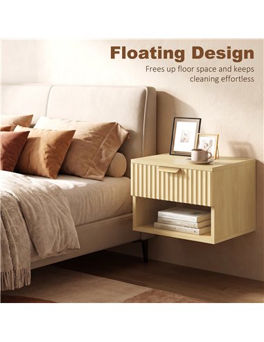 HOMCOM Floating Nightstands Set of 2, Modern Wall-Mounted Bedside Tables with Fluted Drawer and Open Shelf for Bedroom, Oak