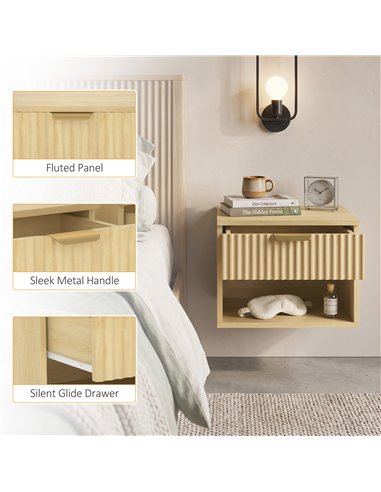 HOMCOM Floating Nightstands Set of 2, Modern Wall-Mounted Bedside Tables with Fluted Drawer and Open Shelf for Bedroom, Oak