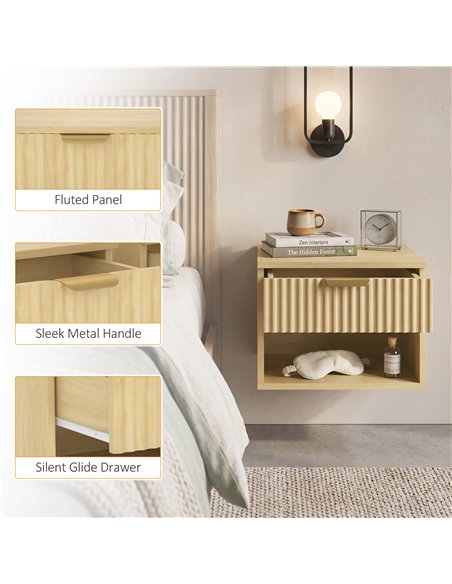 HOMCOM Floating Nightstands Set of 2, Modern Wall-Mounted Bedside Tables with Fluted Drawer and Open Shelf for Bedroom, Oak - pic 210858 | FastDaddyshop