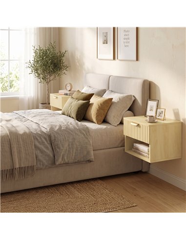 HOMCOM Floating Nightstands Set of 2, Modern Wall-Mounted Bedside Tables with Fluted Drawer and Open Shelf for Bedroom, Oak