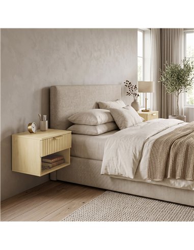 HOMCOM Floating Nightstands Set of 2, Modern Wall-Mounted Bedside Tables with Fluted Drawer and Open Shelf for Bedroom, Oak