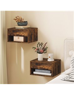 HOMCOM Set of Two Floating Bedside Tables - Rustic Brown 2