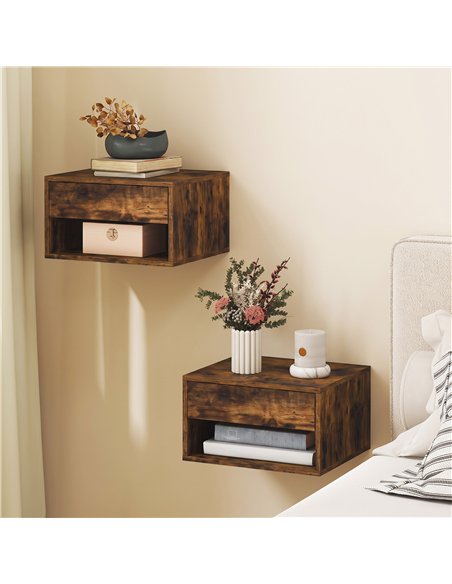 HOMCOM Set of Two Floating Bedside Tables - Rustic Brown - pic 210862 | FastDaddyshop