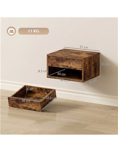 HOMCOM Set of Two Floating Bedside Tables - Rustic Brown