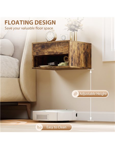 HOMCOM Set of Two Floating Bedside Tables - Rustic Brown - pic 210865 | FastDaddyshop
