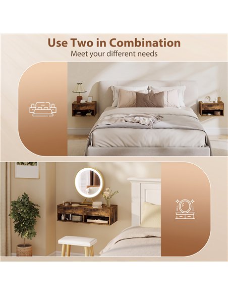 HOMCOM Set of Two Floating Bedside Tables - Rustic Brown - pic 210866 | FastDaddyshop