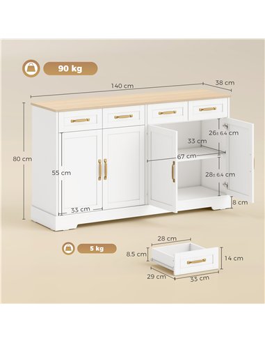 HOMCOM Sideboard Buffet Cabinet, 140 cm Kitchen Storage Cabinet with 4 Drawers, 4 Doors and 2 Adjustable Shelves, White