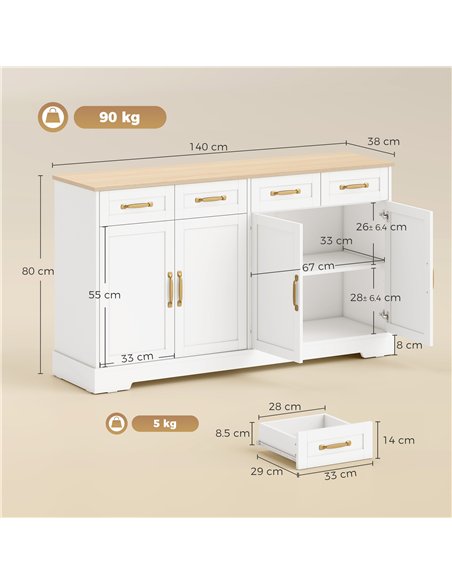 HOMCOM Sideboard Buffet Cabinet, 140 cm Kitchen Storage Cabinet with 4 Drawers, 4 Doors and 2 Adjustable Shelves, White - pic 210872 | FastDaddyshop