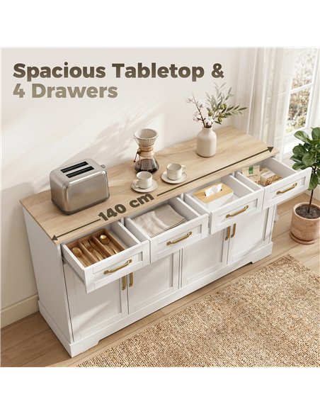 HOMCOM Sideboard Buffet Cabinet, 140 cm Kitchen Storage Cabinet with 4 Drawers, 4 Doors and 2 Adjustable Shelves, White - pic 210874 | FastDaddyshop