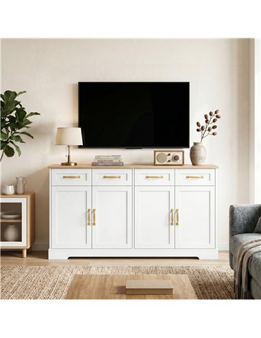 HOMCOM Sideboard Buffet Cabinet, 140 cm Kitchen Storage Cabinet with 4 Drawers, 4 Doors and 2 Adjustable Shelves, White