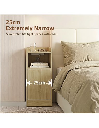 HOMCOM Slim Bedside Table Set of 2 with Charging Station, Narrow Bedside Cabinet with Adjustable Shelf, Oak