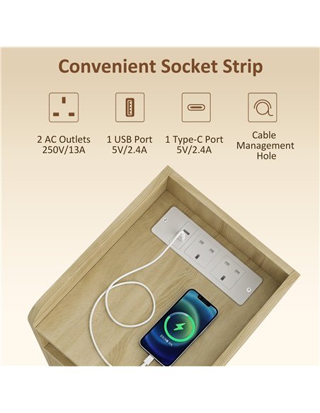 HOMCOM Slim Bedside Table Set of 2 with Charging Station, Narrow Bedside Cabinet with Adjustable Shelf, Oak - pic 210883 | FastDaddyshop