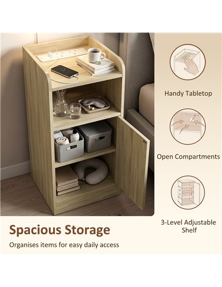 HOMCOM Slim Bedside Table Set of 2 with Charging Station, Narrow Bedside Cabinet with Adjustable Shelf, Oak - pic 210884 | FastDaddyshop