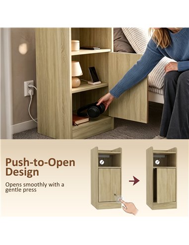 HOMCOM Slim Bedside Table Set of 2 with Charging Station, Narrow Bedside Cabinet with Adjustable Shelf, Oak
