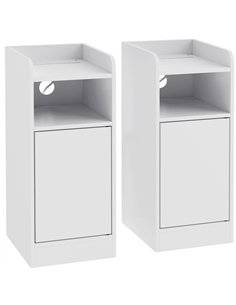 HOMCOM Slim Bedside Table Set of 2 with Charging Station, Narrow Bedside Cabinet with Adjustable Shelf, White