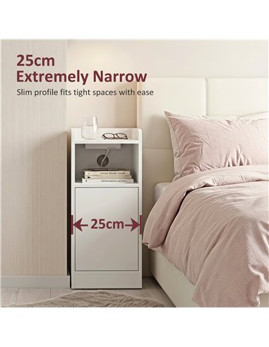 HOMCOM Slim Bedside Table Set of 2 with Charging Station, Narrow Bedside Cabinet with Adjustable Shelf, White