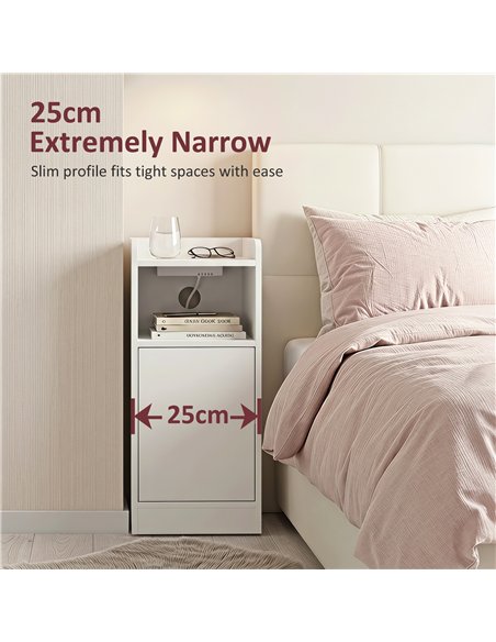 HOMCOM Slim Bedside Table Set of 2 with Charging Station, Narrow Bedside Cabinet with Adjustable Shelf, White - pic 210891 | FastDaddyshop