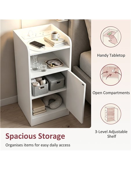 HOMCOM Slim Bedside Table Set of 2 with Charging Station, Narrow Bedside Cabinet with Adjustable Shelf, White - pic 210893 | FastDaddyshop