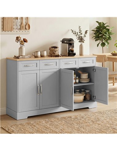 HOMCOM Sideboard Buffet Cabinet, 140 cm Kitchen Storage Cabinet with 4 Drawers, 4 Doors and 2 Adjustable Shelves, Grey