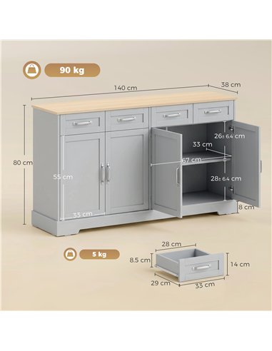 HOMCOM Sideboard Buffet Cabinet, 140 cm Kitchen Storage Cabinet with 4 Drawers, 4 Doors and 2 Adjustable Shelves, Grey