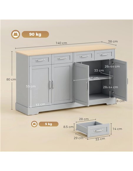 HOMCOM Sideboard Buffet Cabinet, 140 cm Kitchen Storage Cabinet with 4 Drawers, 4 Doors and 2 Adjustable Shelves, Grey - pic 210899 | FastDaddyshop