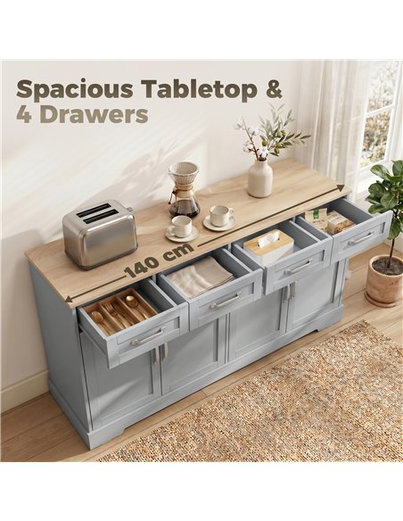 HOMCOM Sideboard Buffet Cabinet, 140 cm Kitchen Storage Cabinet with 4 Drawers, 4 Doors and 2 Adjustable Shelves, Grey - pic 210901 | FastDaddyshop