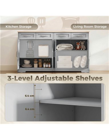 HOMCOM Sideboard Buffet Cabinet, 140 cm Kitchen Storage Cabinet with 4 Drawers, 4 Doors and 2 Adjustable Shelves, Grey