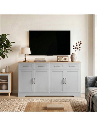 HOMCOM Sideboard Buffet Cabinet, 140 cm Kitchen Storage Cabinet with 4 Drawers, 4 Doors and 2 Adjustable Shelves, Grey