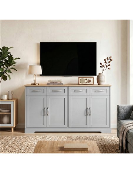 HOMCOM Sideboard Buffet Cabinet, 140 cm Kitchen Storage Cabinet with 4 Drawers, 4 Doors and 2 Adjustable Shelves, Grey - pic 210904 | FastDaddyshop