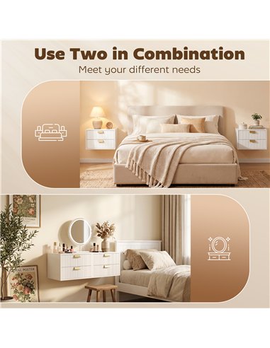 HOMCOM Modern Floating Nightstands Set of 2, Wall Mounted Bedside Tables with 2 Drawers, White