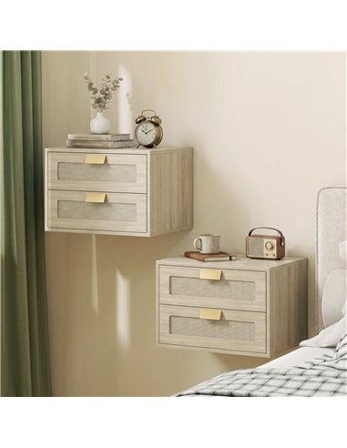 HOMCOM Modern Floating Nightstands Set of 2, Wall Mounted Bedside Tables with 2 Drawers, Oak