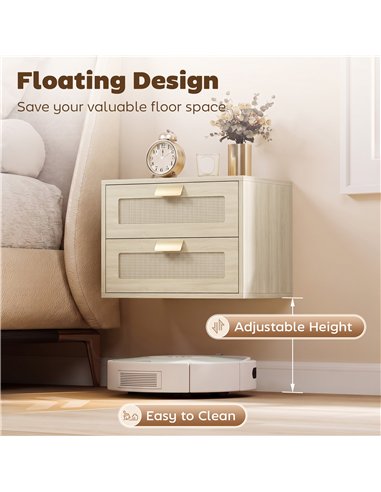 HOMCOM Modern Floating Nightstands Set of 2, Wall Mounted Bedside Tables with 2 Drawers, Oak