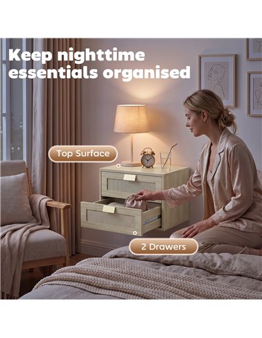 HOMCOM Modern Floating Nightstands Set of 2, Wall Mounted Bedside Tables with 2 Drawers, Oak