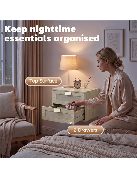 HOMCOM Modern Floating Nightstands Set of 2, Wall Mounted Bedside Tables with 2 Drawers, Oak - pic 210919 | FastDaddyshop