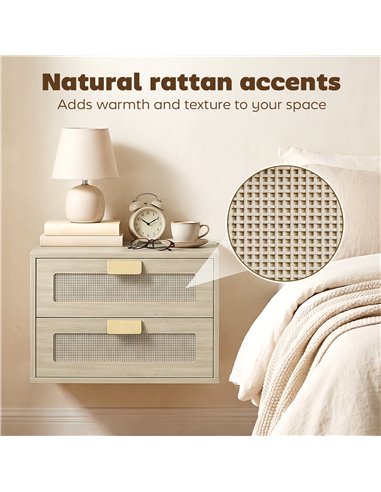 HOMCOM Modern Floating Nightstands Set of 2, Wall Mounted Bedside Tables with 2 Drawers, Oak