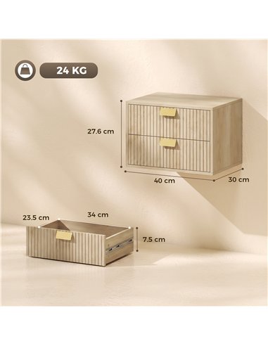 HOMCOM Modern Floating Nightstands Set of 2, Wall Mounted Bedside Tables with 2 Drawers, Oak