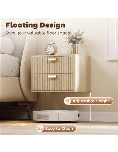 HOMCOM Modern Floating Nightstands Set of 2, Wall Mounted Bedside Tables with 2 Drawers, Oak