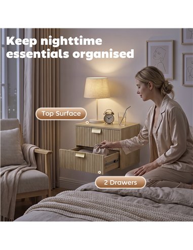 HOMCOM Modern Floating Nightstands Set of 2, Wall Mounted Bedside Tables with 2 Drawers, Oak