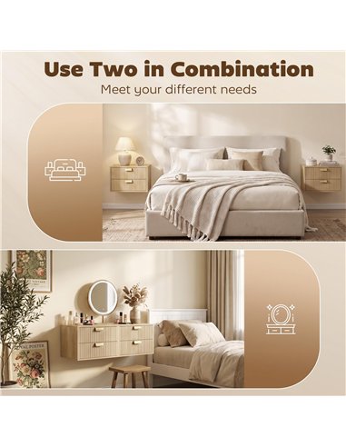 HOMCOM Modern Floating Nightstands Set of 2, Wall Mounted Bedside Tables with 2 Drawers, Oak