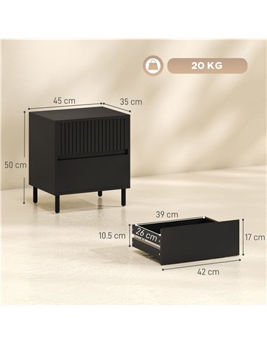 HOMCOM Bedside Cabinet, Bedside Table with 2 Drawers, Storage and Steel Legs for Bedroom, Living Room, Black