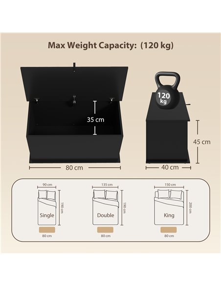 HOMCOM Storage Chest, 102L Blanket Box, Shoe Bench with Safety Hinged Lid, Bed End Bench for Bedroom, 80 x 40 x 45cm, Black - pic 210944 | FastDaddyshop