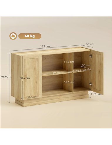 HOMCOM Sideboard Buffet Cabinet, 133 cm Storage Cabinet with 2 Open Shelves, 2 Cupboards and Soft Close Doors, Natural