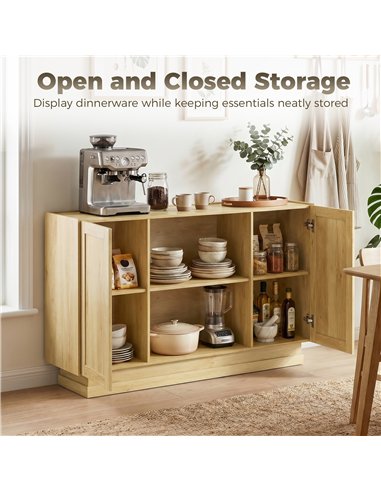 HOMCOM Sideboard Buffet Cabinet, 133 cm Storage Cabinet with 2 Open Shelves, 2 Cupboards and Soft Close Doors, Natural