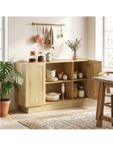 HOMCOM Sideboard Buffet Cabinet, 133 cm Storage Cabinet with 2 Open Shelves, 2 Cupboards and Soft Close Doors, Natural